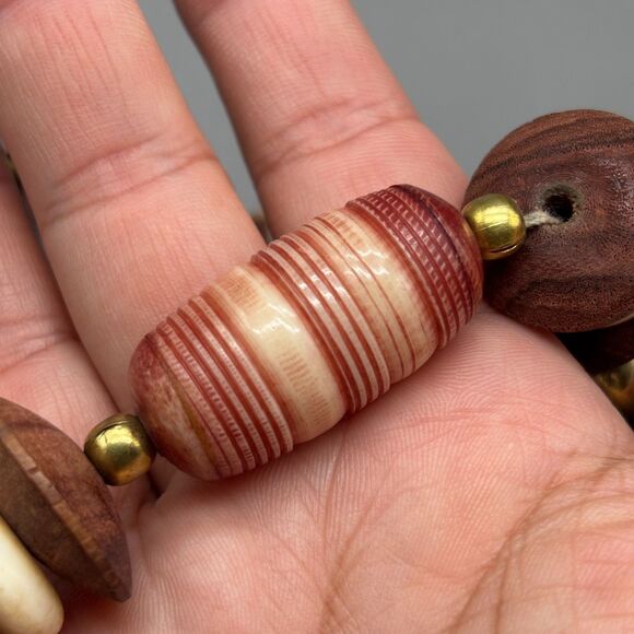 Tribal Style Statement Necklace Brass Bone Horn Wood Stone Beads 1970s Boho - Picture 6 of 16